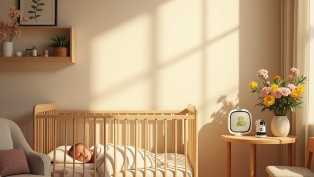 Sleeping baby in crib with a baby monitor showing a live feed — Hello Baby Monitor vs Infant Optics