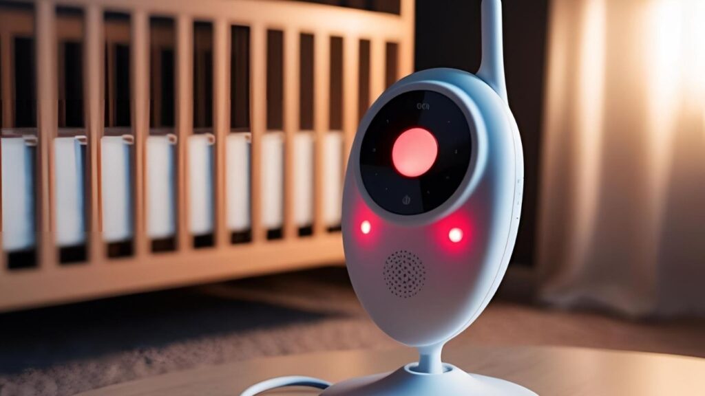 A baby monitor with a red light glowing softly in a dark nursery corner