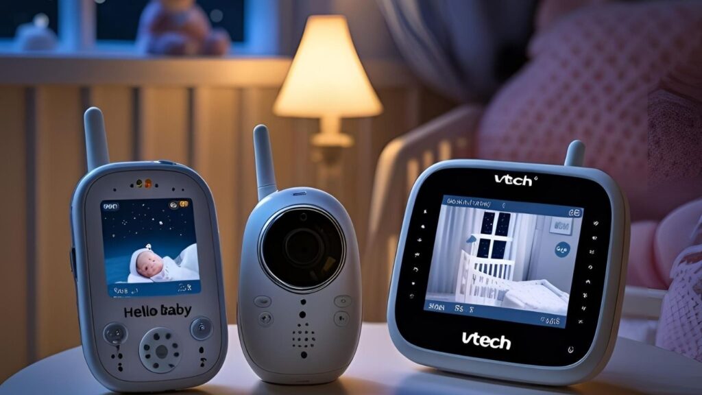 Hello Baby and VTech baby monitors showcasing night vision and screen size differences