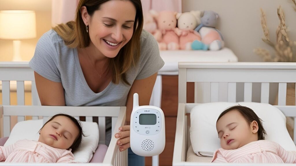 Close-up of baby monitor displaying two babies sleeping on a split screen