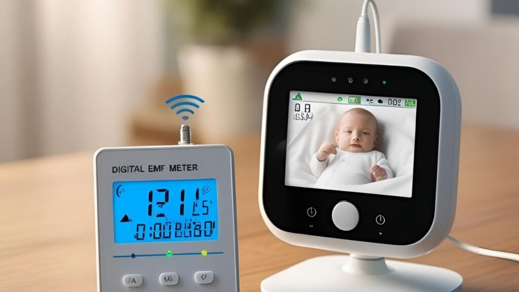 EMF meter showing signal levels next to a video baby monitor