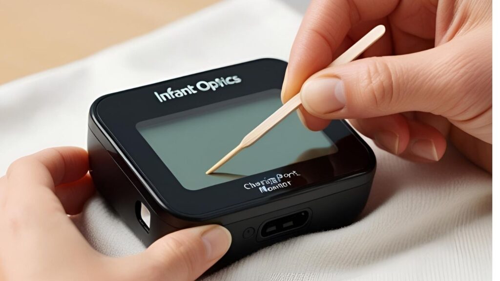 Cleaning charging port of Infant Optics monitor with a toothpick