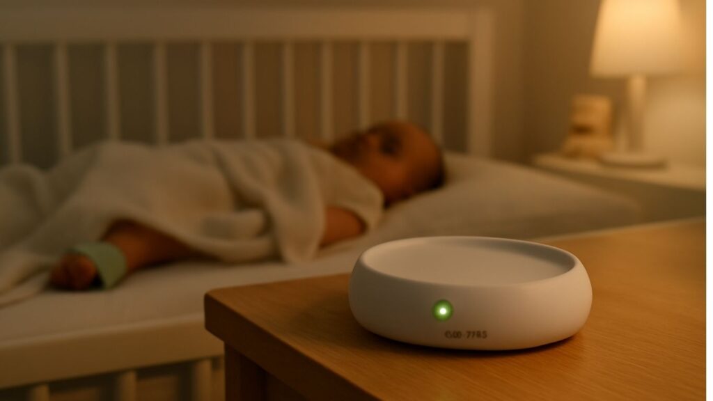 Owlet Sock charging near a sleeping baby in a nursery