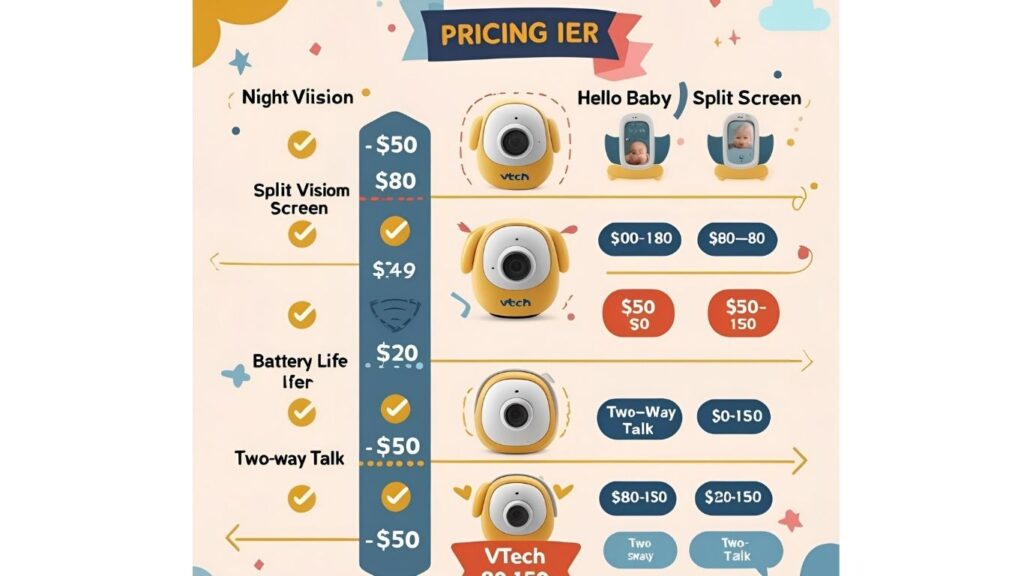 Infographic comparing pricing and features of Hello Baby and VTech monitors