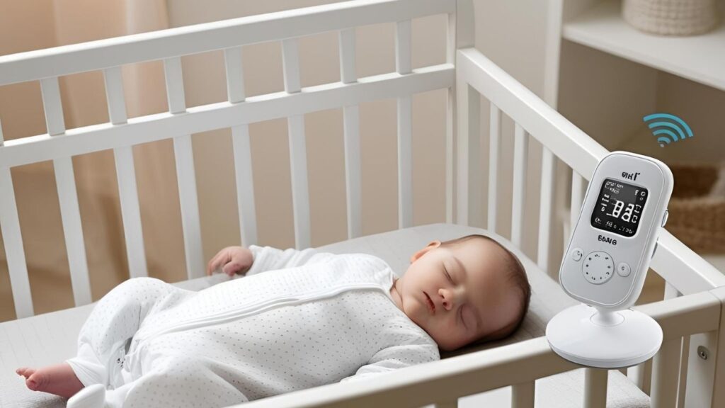 Sleeping baby with a baby monitor placed at a safe distance across the room