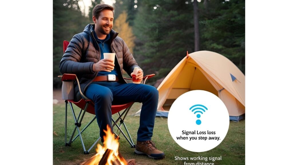 dad monitoring baby from campfire with clip-on baby monitor