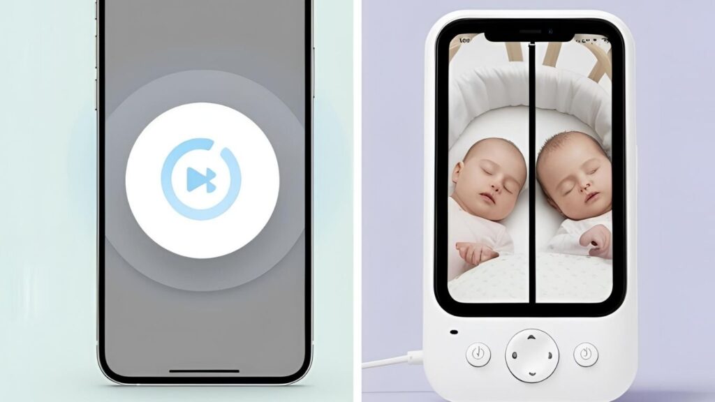 by-side of WiFi monitor buffering and stable non-WiFi baby monitor showing twins