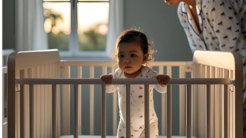 Baby standing in a high-crib with parent watching—time to lower the mattress.