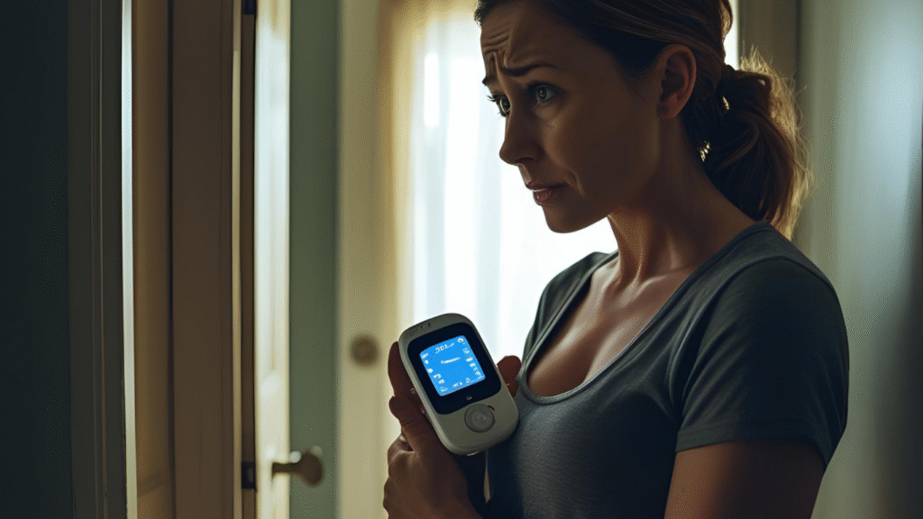 Mother standing in hallway holding a baby monitor, unsure about moving baby to crib.