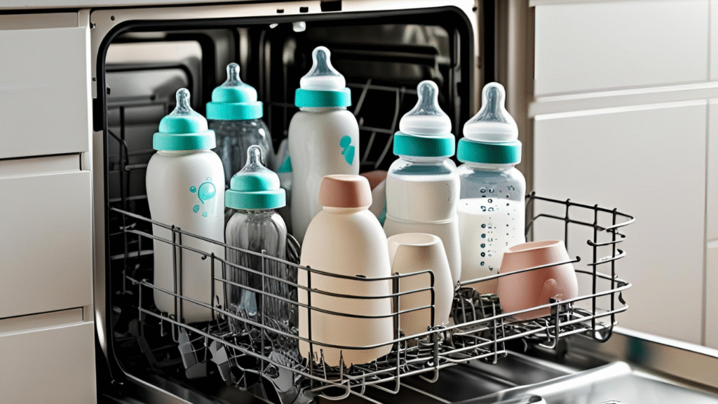 Top-rack dishwasher filled with plastic, glass, and silicone baby bottles with a bottle basket holding small parts