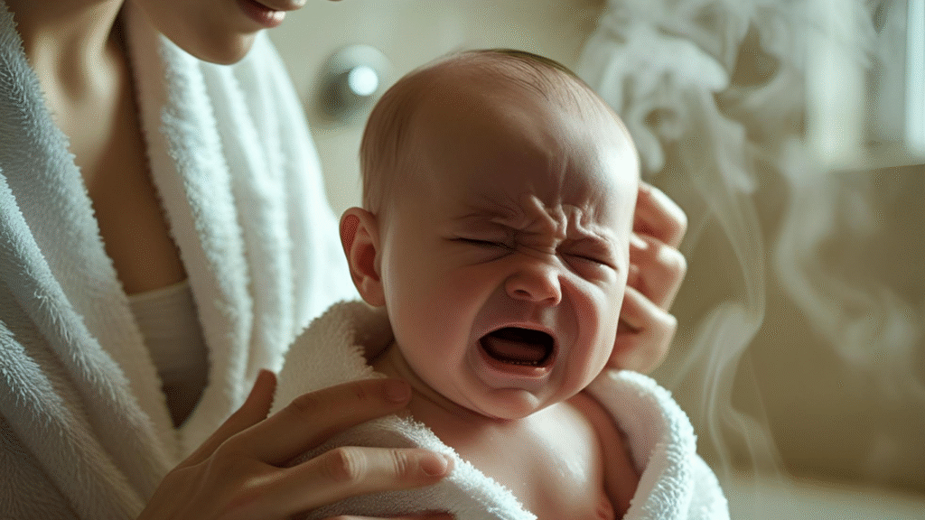 Crying baby in towel being comforted by parent after bath.