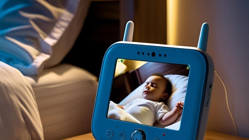 Baby monitor showing live feed of a sleeping child, placed on a nightstand near a parent's bed.