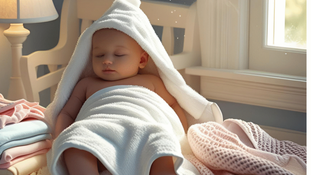 Baby in hooded towel next to warm clothes in a cozy nursery.