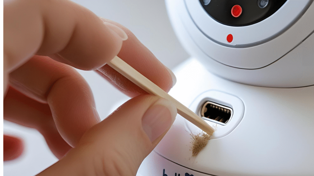 Close-up of a frayed USB charging cable next to a Hello Baby monitor
