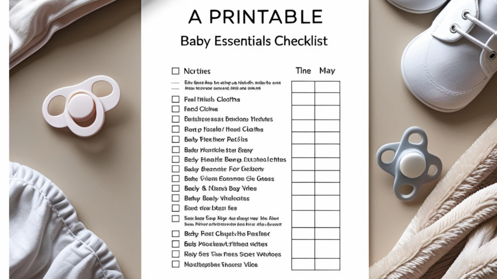 Printable baby shopping checklist for first-time moms with clothes and pacifier.