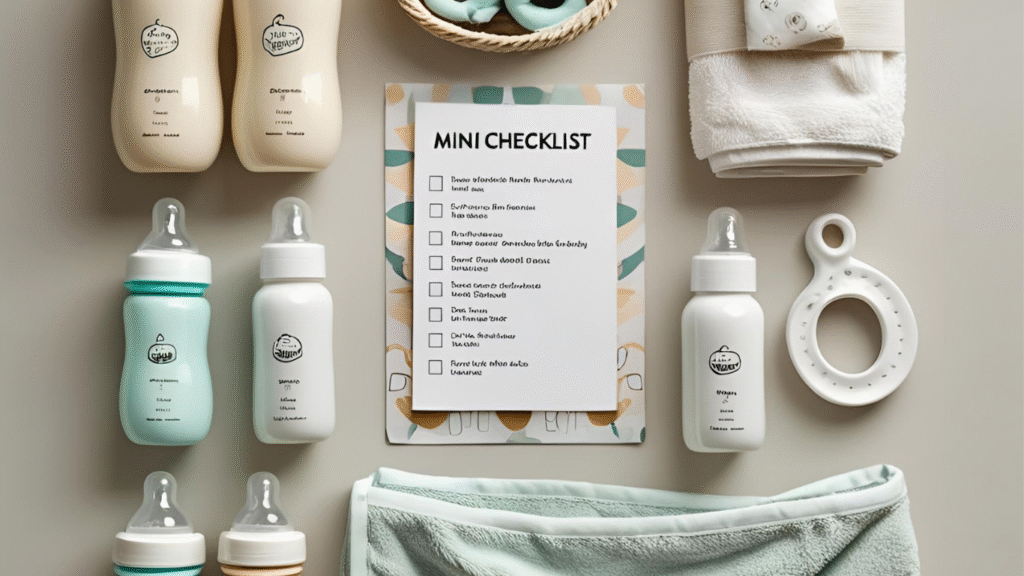 Flat lay of baby bottle essentials including BPA-free bottles, a checklist, detergent, and dishwasher basket