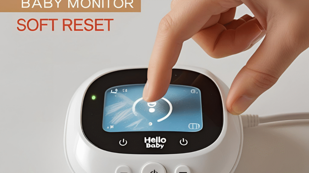 Close-up of a hand pressing and holding the power button on a Hello Baby monitor
