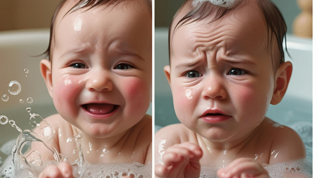 3-month-old baby showing happy vs. distressed during bath.