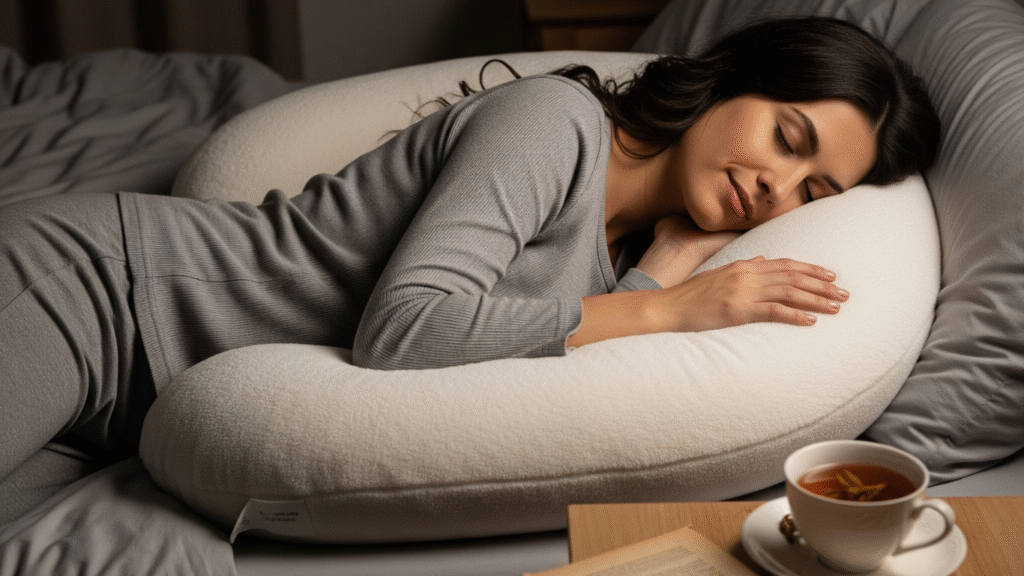 Woman side sleeping with a pregnancy pillow not pregnant, in a cozy bedroom