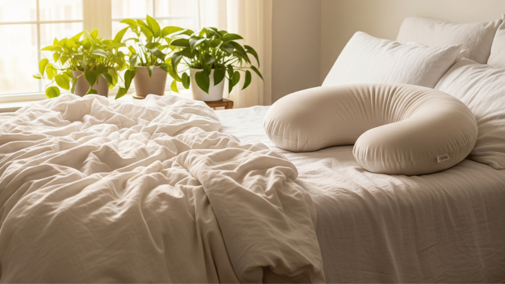 F-shaped Momcozy pregnancy pillow on a queen-size bed