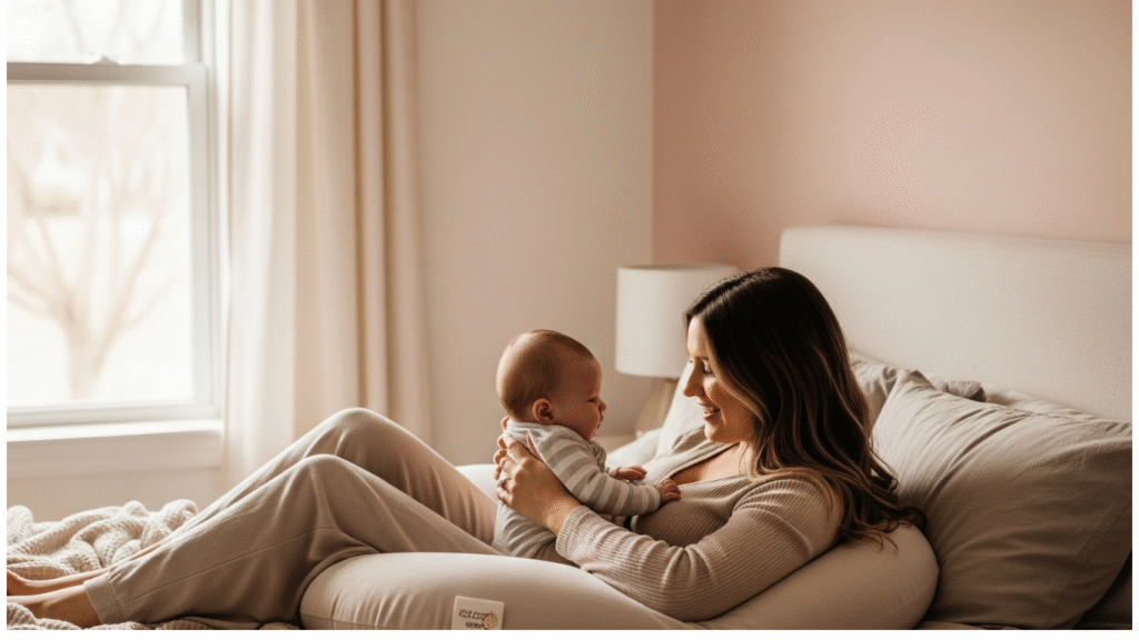 Mom lying on a bed with a U-shaped maternity pillow, holding a calm baby beside her