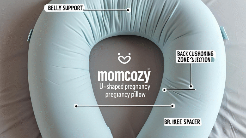 Labeled diagram of the Momcozy U-shaped pregnancy pillow showing support areas and design features.