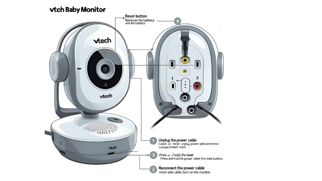 Infographic showing VTech monitor reset button and hard reset process step-by-step.