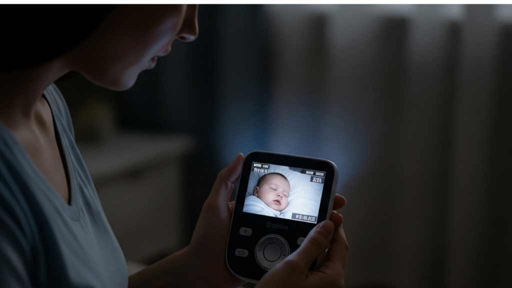 Hello Kitty monitor showing baby’s night vision on screen