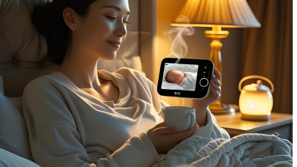 Eufy baby monitor and Owlet app side by side in a softly lit nursery showing baby sleep and vitals.