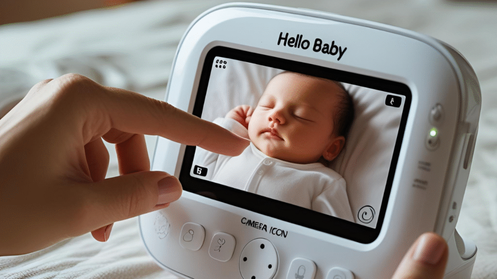 Mom holding Hello Baby monitor (HB6550) while monitoring two kids in separate rooms.