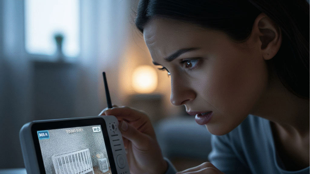 A woman with a worried expression examines a baby monitor showing a grainy, static image of a nursery.