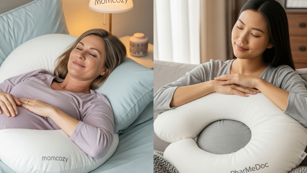 Split-screen image showing a pregnant woman using Momcozy U-shaped pillow on one side and PharMeDoc C-shaped pillow on the other.
