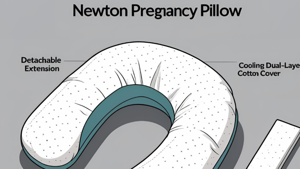 Technical-style labeled image of Newton pregnancy pillow with detachable J-extension and premium features.