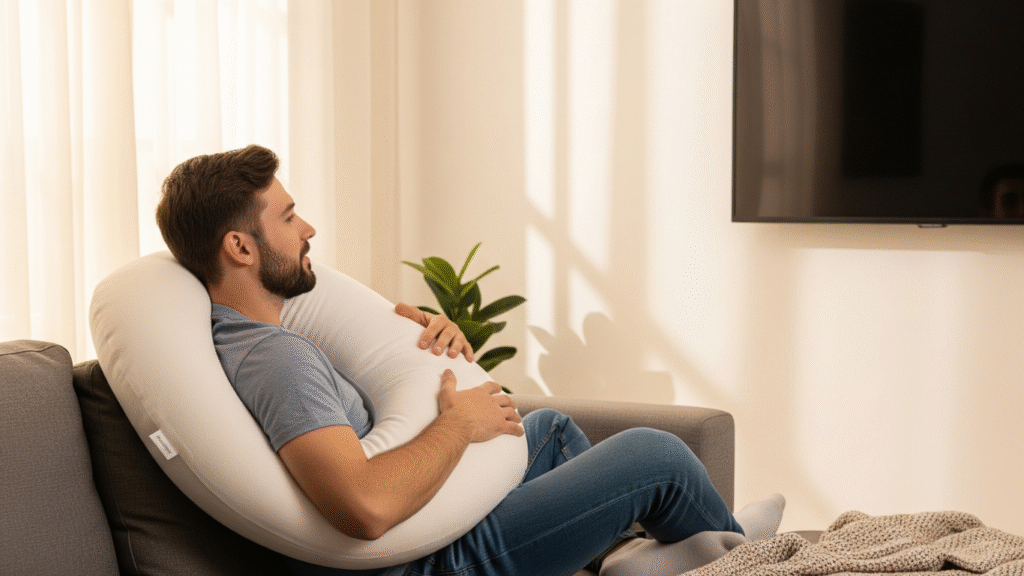 Man using pregnancy pillow not pregnant while relaxing on a sofa