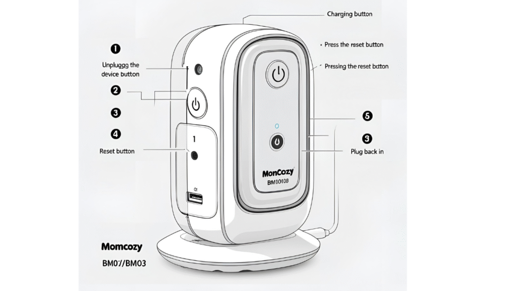 Diagram showing reset steps for Momcozy baby monitor with labeled buttons.