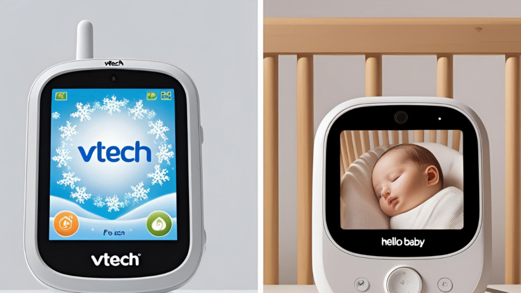 Comparison of VTech baby monitor frozen on the logo vs Hello Baby monitor showing clear video.
