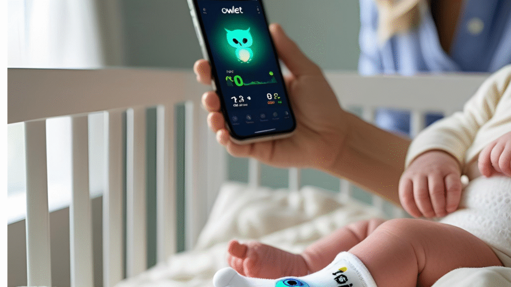Close-up of baby wearing Owlet smart sock, with Owlet app showing vitals on smartphone.
