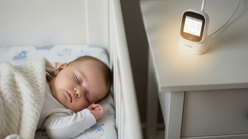 A baby sleeps peacefully in a white crib with a glowing baby monitor on a bedside table nearby