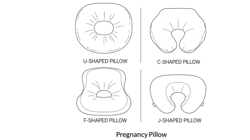 Pregnancy pillow shape comparison chart: U, C, F, and J