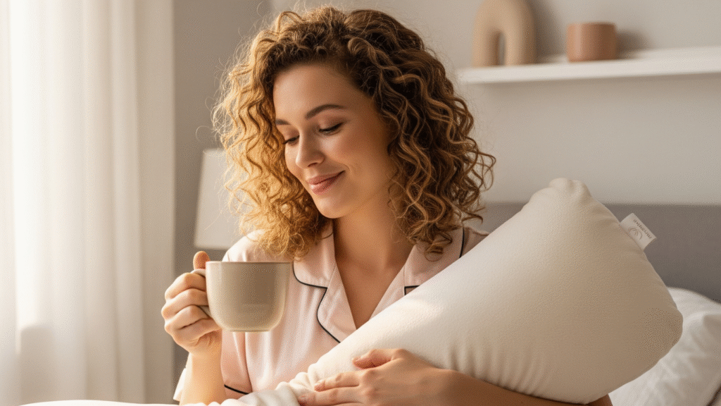 Woman drinking coffee while hugging a pregnancy pillow not pregnant