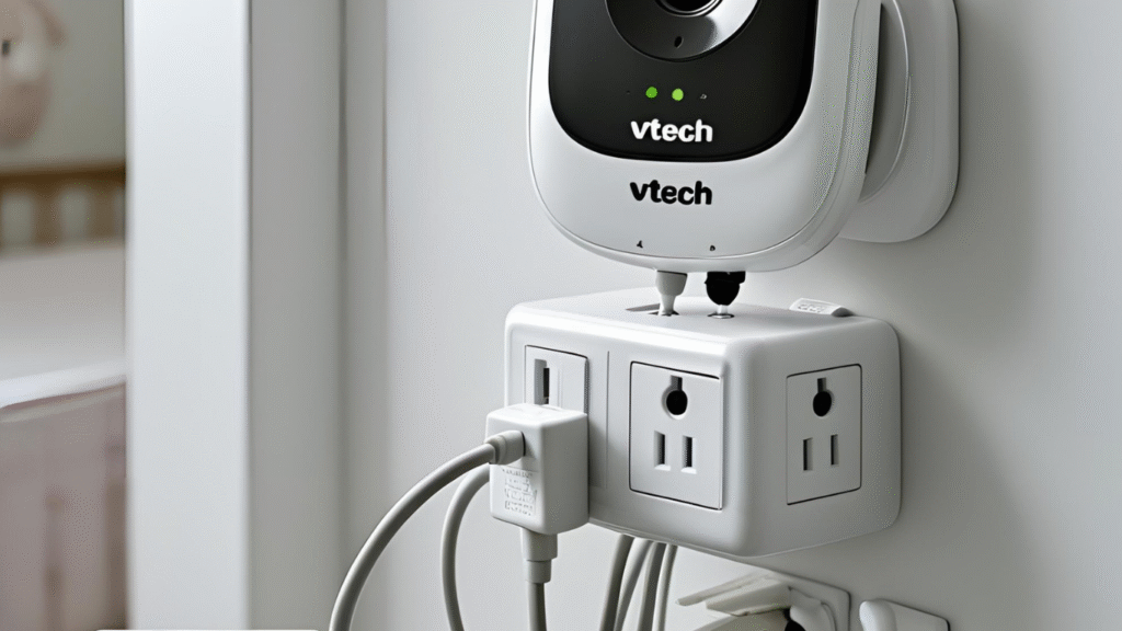 VTech monitor charging with original adapter and surge protector in a baby room.