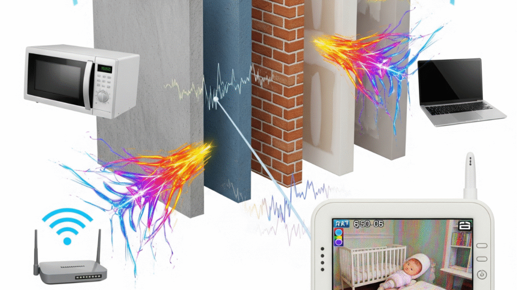 An illustration showing various electronic devices and different wall types interfering with a baby monitor's signal.