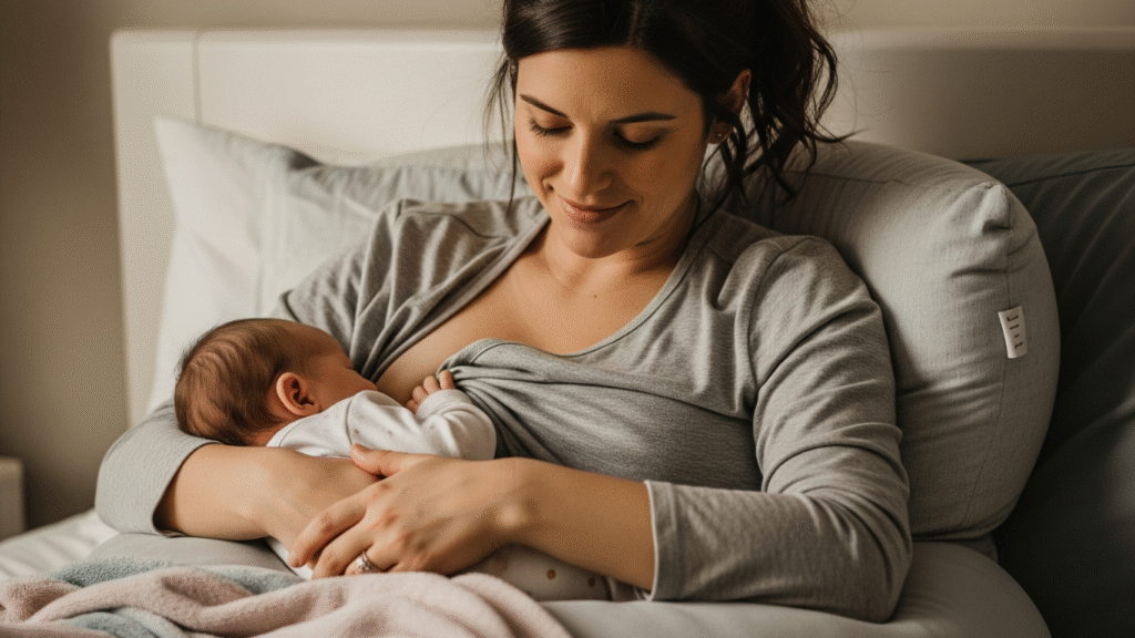 Postpartum mom nursing baby using Momcozy pregnancy pillow