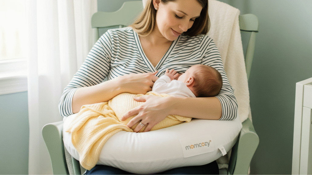 New mom using a pregnancy pillow for breastfeeding support while sitting in a nursery.