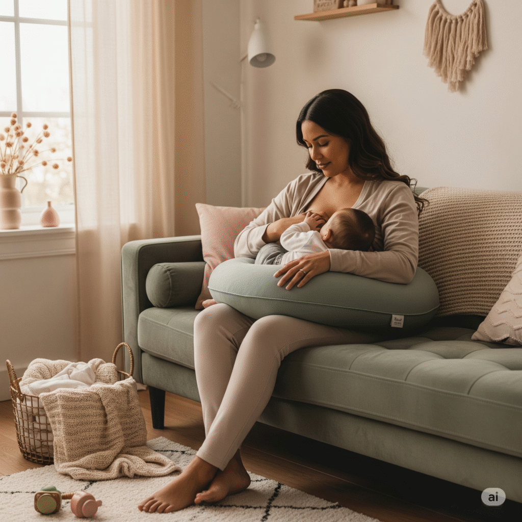 Baby doing tummy time with support from a folded maternity pillow