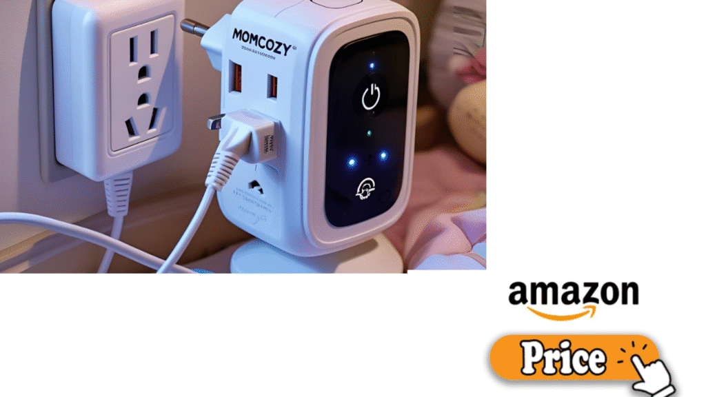 Momcozy baby monitor charging with a surge protector in a baby room.