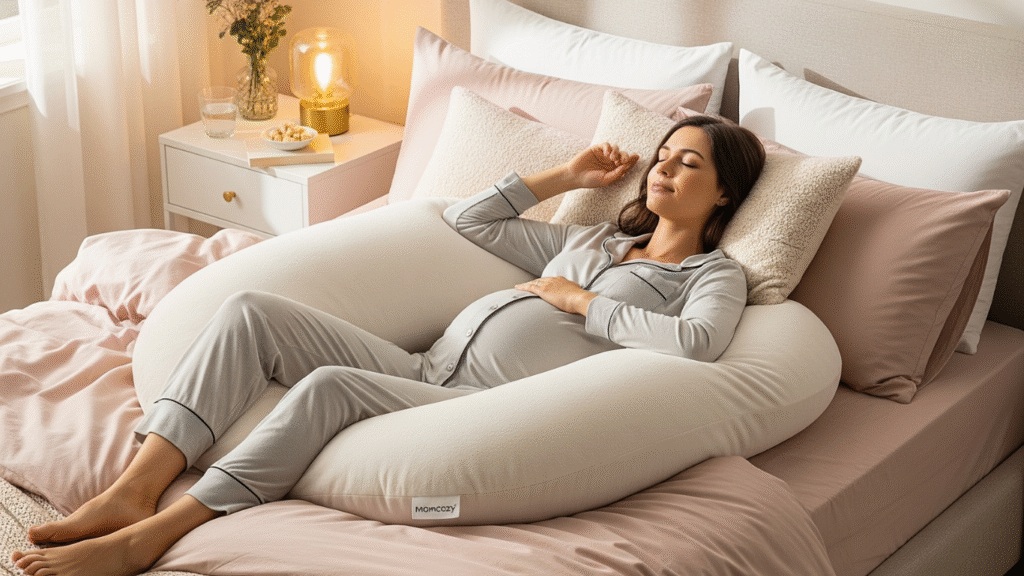 Pregnant woman sleeping with Momcozy U-shaped pregnancy pillow supporting belly, back, and legs