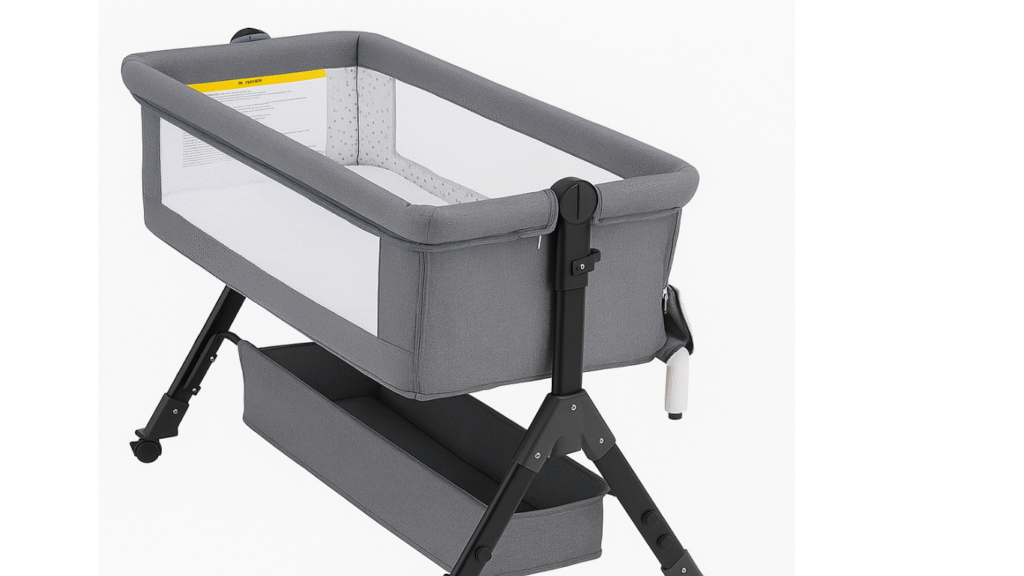 Gray bedside bassinet with mesh sides and storage shelf
