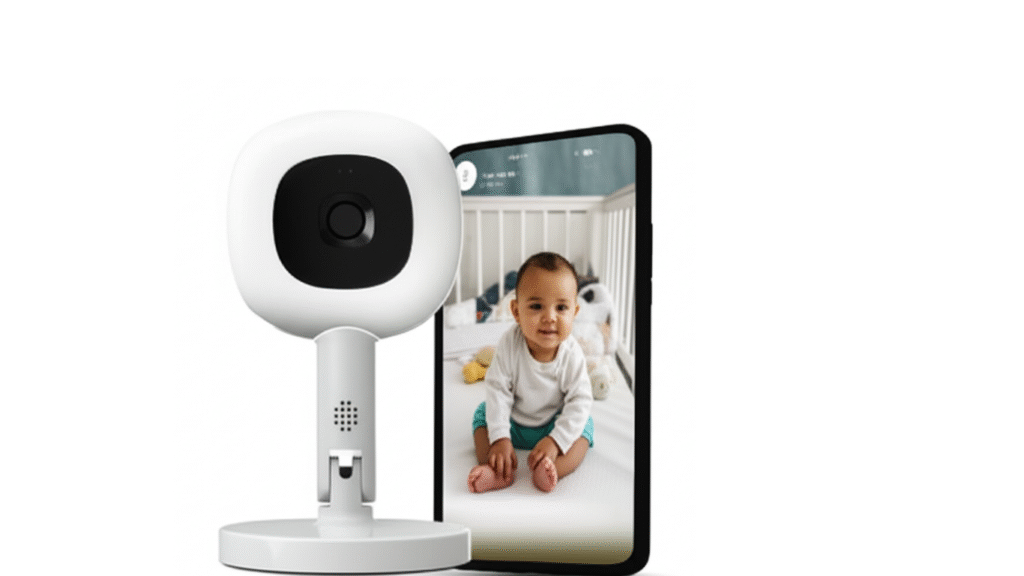 A white Nanit baby monitor with a futuristic design, shown on a split background of blue and white with light streaks and a crescent moon, no baby or crib is present.