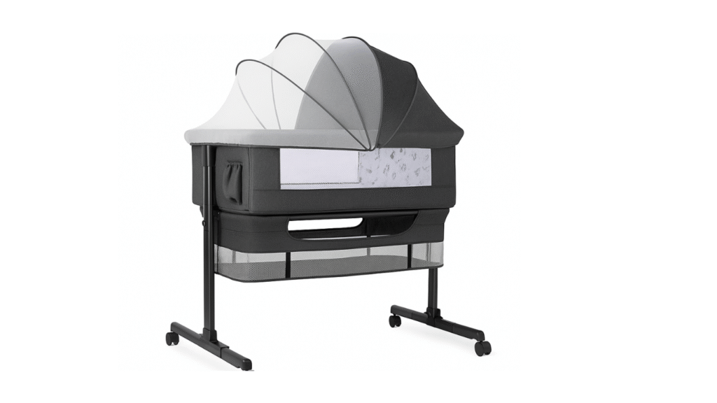 Bedside baby bassinet with foldable mesh canopy and storage shelf